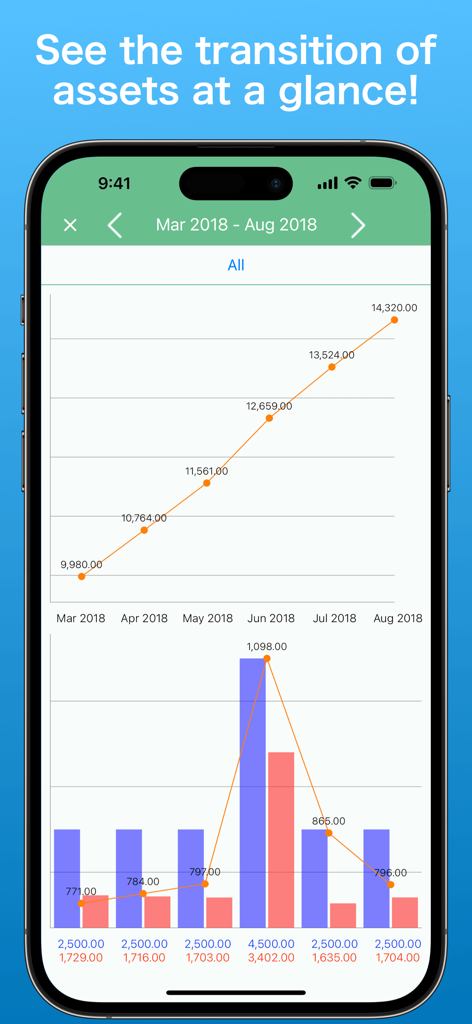 Mobile app screen showing a line graph of asset growth and a bar chart for monthly balance analysis