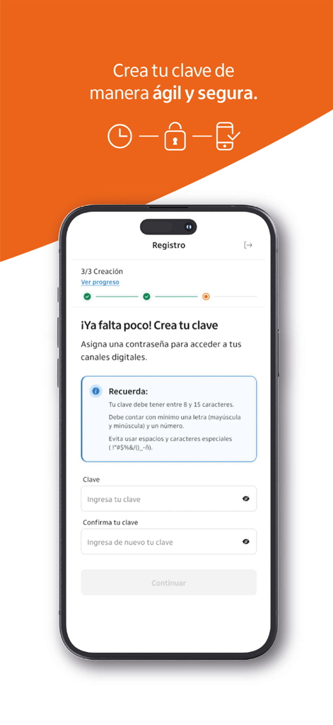 Itaú Colombia mobile app registration screen showing the final step to create a secure digital password.