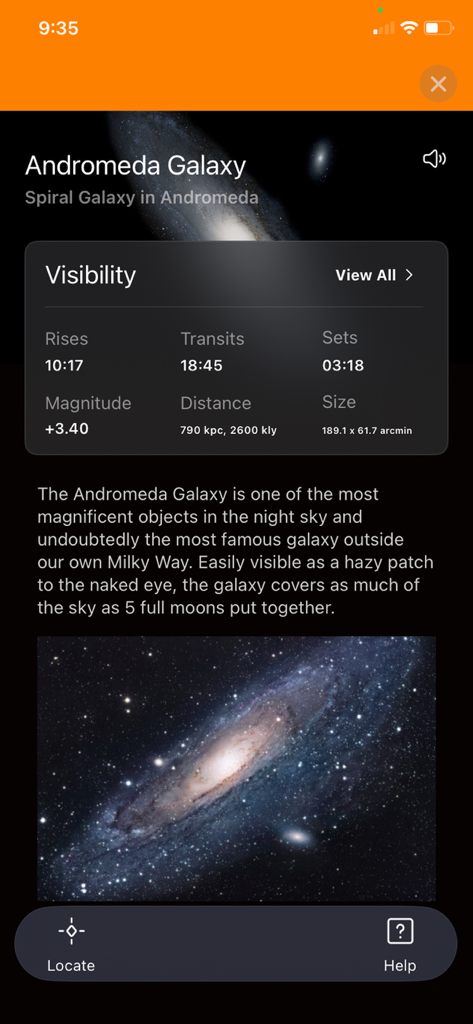 Celestron StarSense Explorer - Schermata con informazioni e dati di visibilità della Galassia di Andromeda nell'app Celestron StarSense Explorer