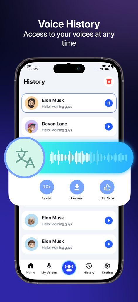 Interface d'application mobile montrant l'écran de l'historique des voix avec les enregistrements de voix IA sauvegardés et les commandes de lecture audio