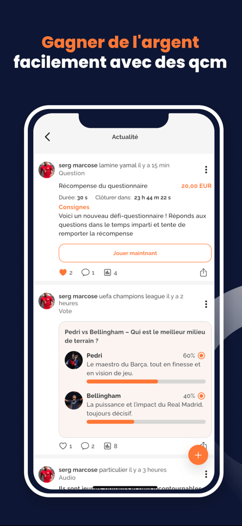 Lama x - Lama x mobile app interface showing a social feed with paid quizzes and community polls.