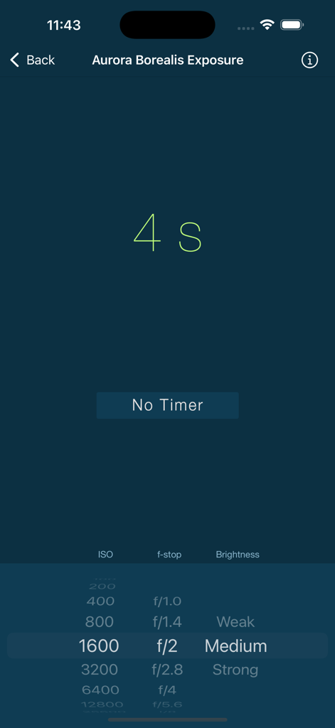 LExp - Long Exposure Calcs - LExp app screen showing an Aurora Borealis exposure calculation of 4 seconds for ISO 1600 and f2