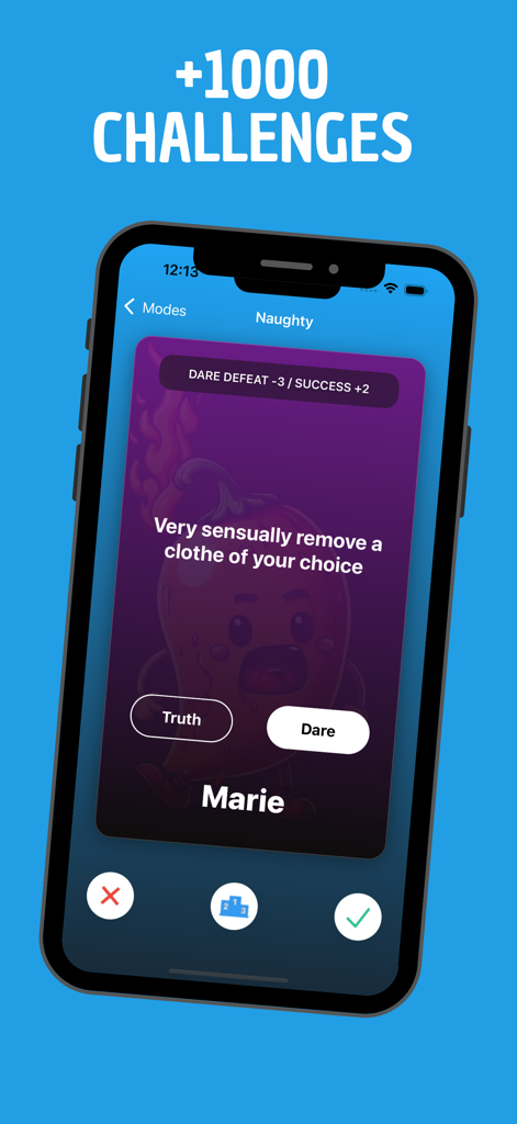 Truth or Dare - Freaky Game - Truth or Dare Freaky Game App-Oberfläche, die eine pikante Herausforderung im Naughty-Modus auf einem Smartphone-Bildschirm zeigt.