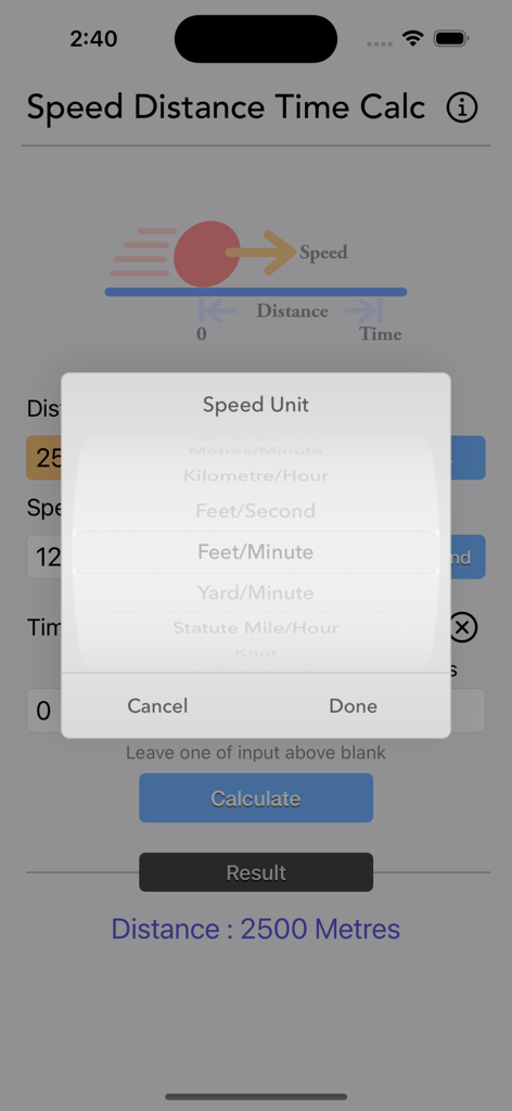 Speed Distance Time Calc app interface showing the speed unit selection menu