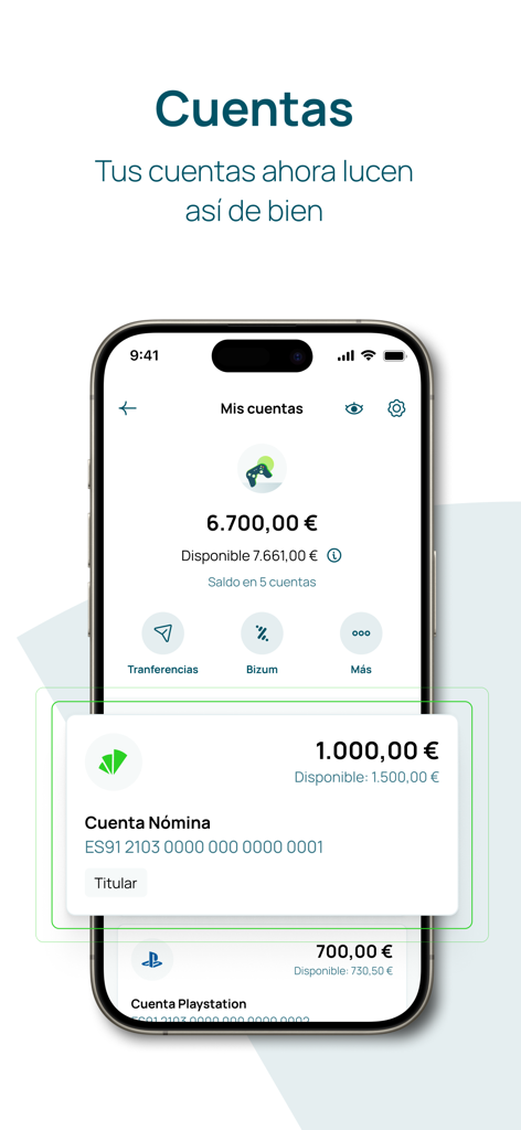 Interfaz de la aplicación de banca móvil Unicaja que muestra los saldos de las cuentas bancarias y las opciones de transacciones en español