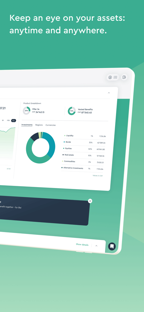 Panel de control de la aplicación VIAC mostrando la asignación de activos de inversión y el desglose de la cartera