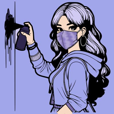 realistic girl with mask spray painting a wall