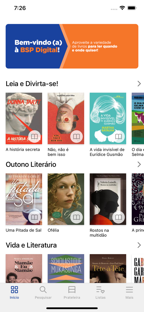 BibliON app home screen displaying book collections in Portuguese with various literary genres