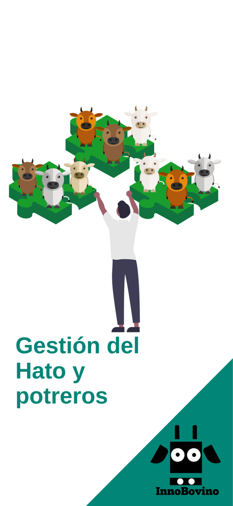 Ilustración de la app InnoBovino para gestión de rebaños y pastos mostrando vacas sobre piezas de rompecabezas