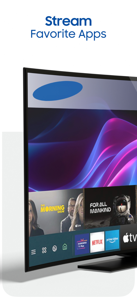 Remote Control for TV Smart - Un televisor inteligente que muestra servicios de streaming populares y miniaturas de contenido bajo el encabezado Transmite Aplicaciones Favoritas.