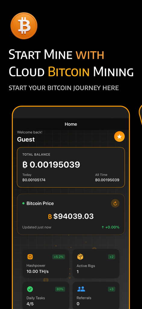 A mobile app dashboard for a Bitcoin mining simulator showing virtual balance, market price, and hashpower stats.