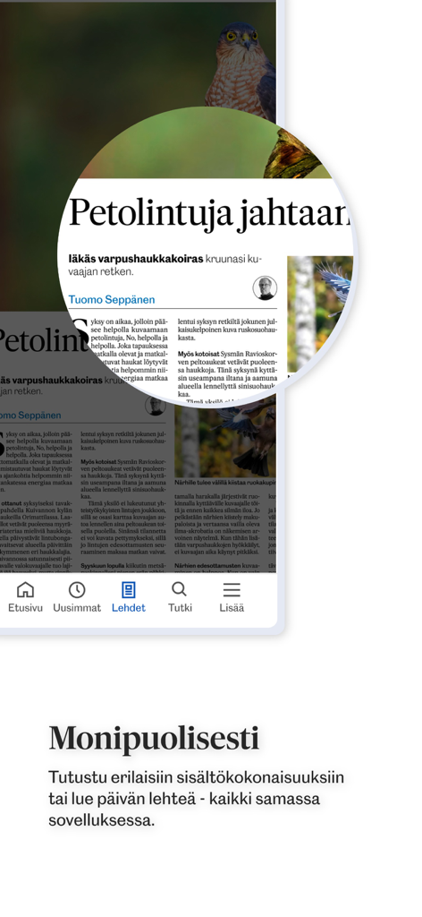 Pieksämäen Lehti - A preview of the Pieksämäen Lehti mobile app news interface displaying a local news article about birds of prey.