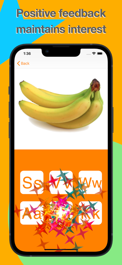 Educational matching game showing a cluster of bananas and interactive alphabet cards with celebratory stars