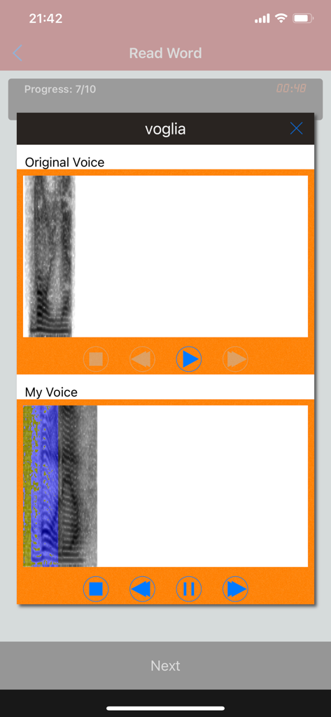 Italian Sounds and Alphabet - Italian pronunciation app showing a side by side voiceprint comparison for the word voglia