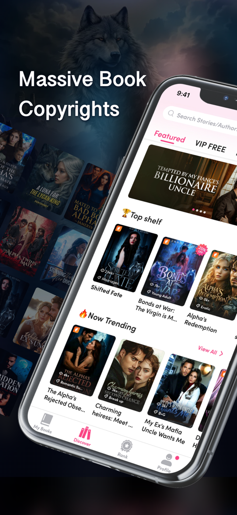 Ein Mobiltelefon zeigt die My Fiction App-Oberfläche mit verschiedenen trendigen Romanzen und Werwolf-Geschichten, einschließlich Schicksalsveränderung und Milliardär-Romanzen.
