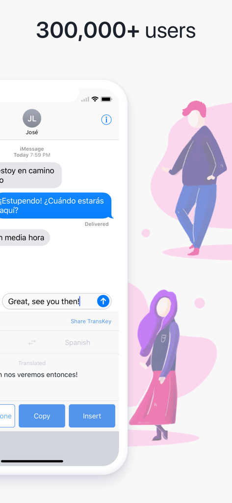 TransKey: Text Translator Chat - TransKey keyboard interface translating English to Spanish within a messaging app