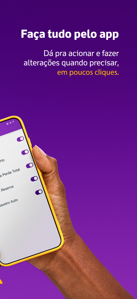 Youse Seguros - A person holding a smartphone showing the Youse Seguros app interface with toggles to customize insurance coverage