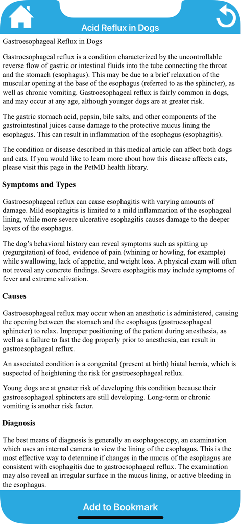 Vet Manualアプリの犬のアシッドリフラックスに関する臨床リファレンスページ。症状、原因、診断が表示されます。