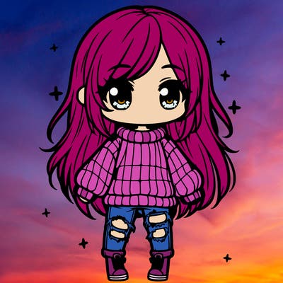 chibi girl with ripped jeans,long hair, and an oversized sweater