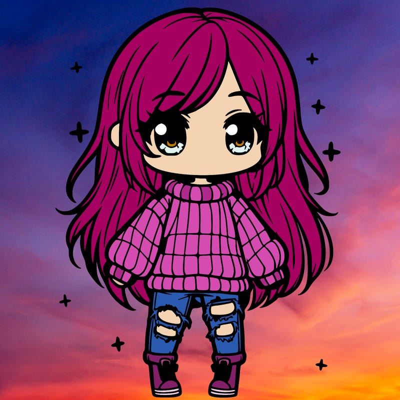chibi girl with ripped jeans,long hair, and an oversized sweater