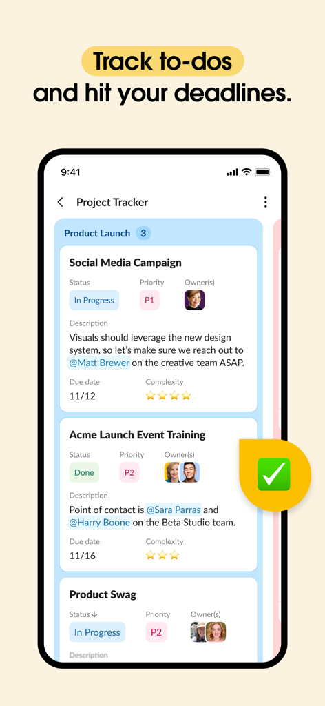 Slack mobile app interface showing the project tracker feature with task status and deadlines