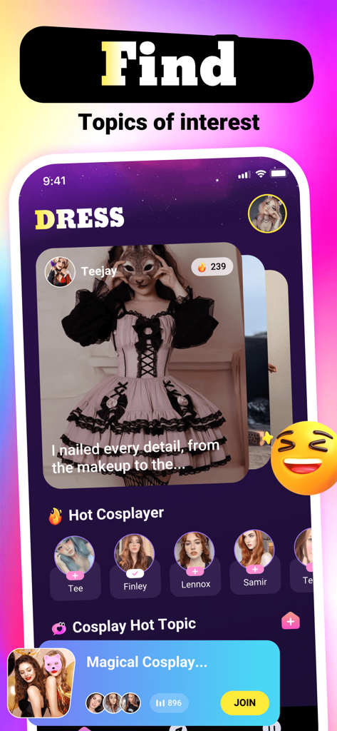 Dress：Video Call，Connect Share - A screenshot of the Dress app interface showing a discovery feed for cosplay and creative fashion topics.