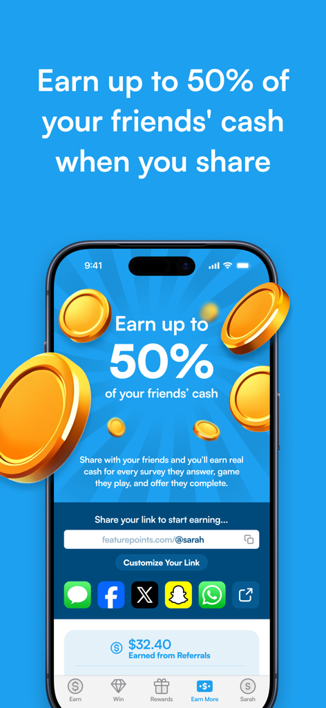 FeaturePoints: Get Free Cash - FeaturePoints app screen showing how to earn 50 percent cash from friend referrals by sharing a personal link.