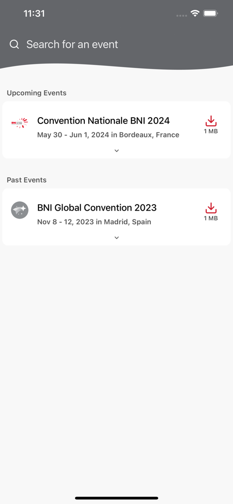 BNI Global Events - BNI Global Events app screen showing a list of upcoming and past business networking conventions with dates and locations.