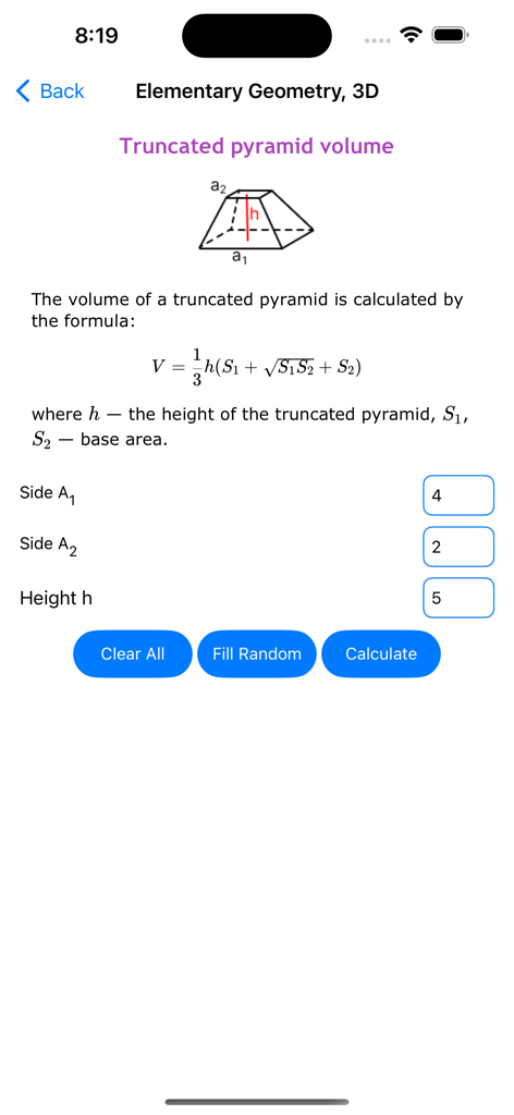 Math Solver Pro - Mathe-Löser Pro App-Oberfläche, die einen Rechner für das Volumen einer Pyramidenstumpfes mit Formel und Eingabefeldern zeigt