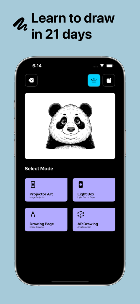 Projector AR Drawing - Creator - Menú principal de la aplicación Projector AR Drawing que muestra un boceto de panda y varios modos de dibujo artístico