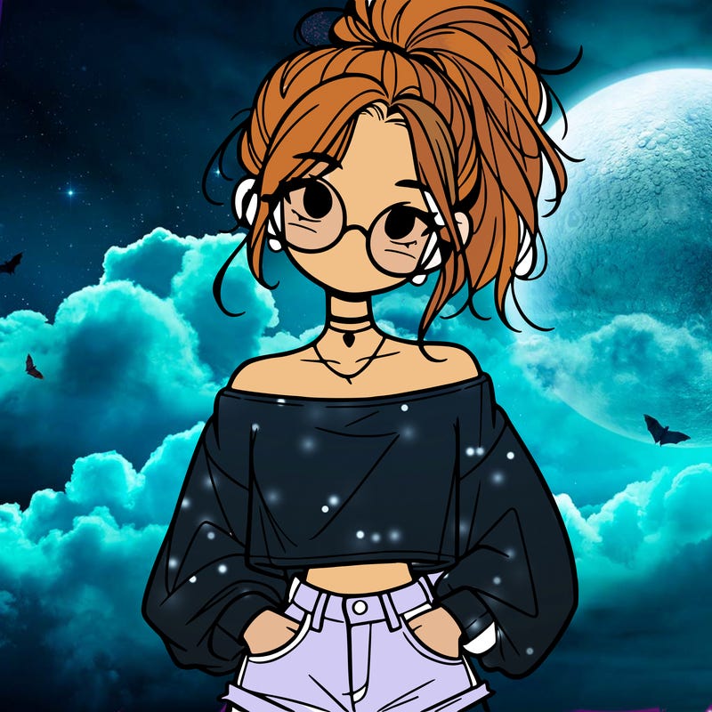 girl with a messy ponytail glasses a baggy crop top and jean shorts