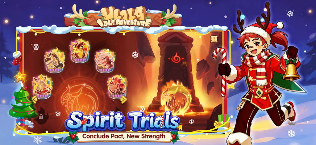 Ulala: Idle Adventure - Ulala Idle Adventure Spirit Trials game screen featuring a festive winter theme and character in a holiday outfit.