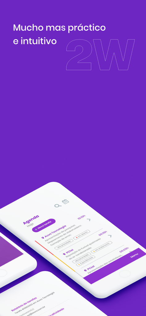 Interfaz de la aplicación móvil 2Workers mostrando una agenda diaria de tareas y un horario en la pantalla de un smartphone con fondo morado.