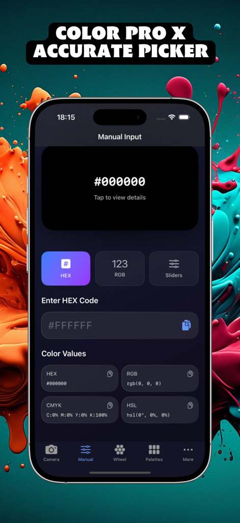 Color Pro X Accurate Picker - Pantalla de entrada manual de color de la aplicación Color Pro X que muestra valores HEX RGB CMYK y HSL en un iPhone