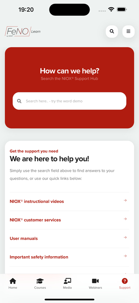 Interface de suporte do aplicativo FeNO Learn by NIOX, apresentando uma barra de pesquisa e links para vídeos instrutivos e manuais