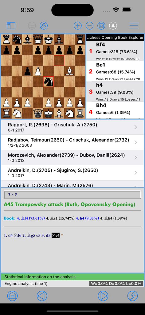 Chess Studio Lite - A chess position on a board with opening book statistics and a database of grandmaster games.