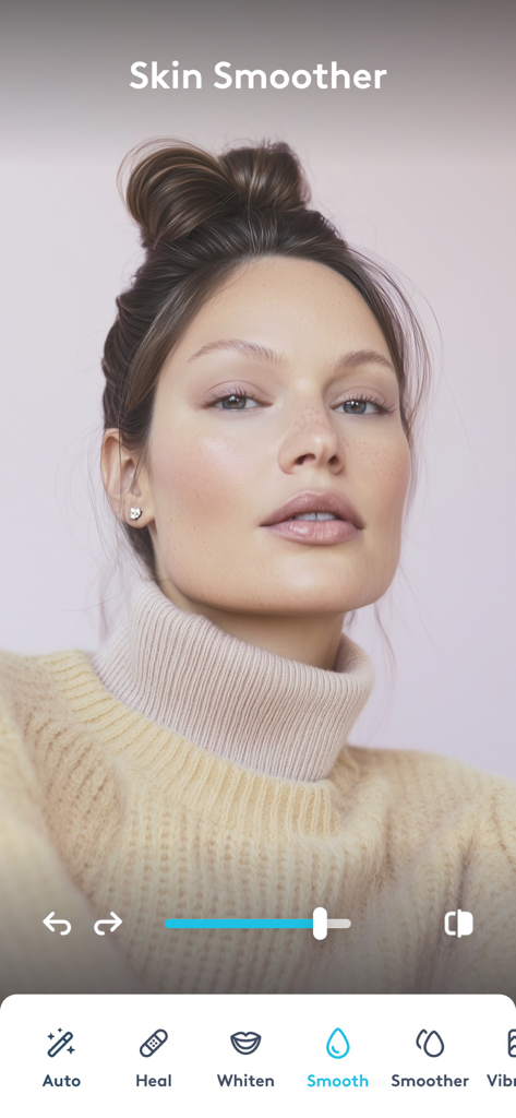 Screenshot of the Facetune app showing the skin smoother feature on a woman's portrait