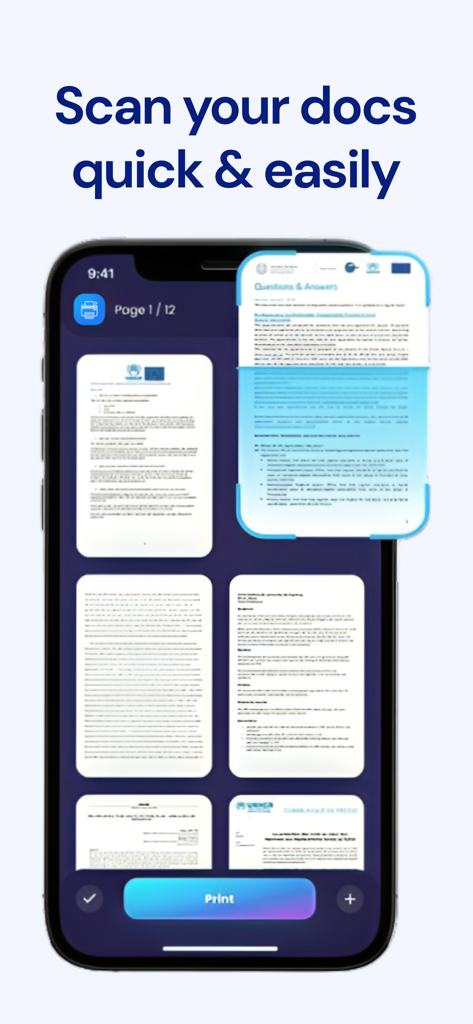 Smart Air Printer AI Scan PDF - Interface of the Smart Air Printer app showing multiple scanned document pages ready for printing.