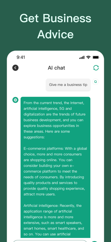 AI Chatbot Assistant - AI Bot - Écran AI Chatbot Assistant fournissant des conseils commerciaux et des astuces e-commerce
