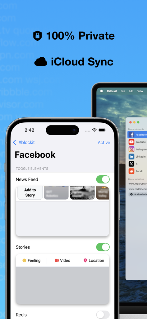 #blockit: Block distractions - Blockit app interface showing privacy and iCloud sync features with options to block Facebook news feed and stories