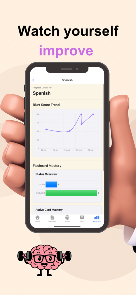 Blurtr: Study & Blurt - Blurtr app interface displaying study progress charts and blurt score trends