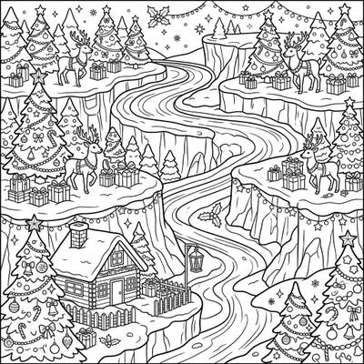 Immerse yourself in a magical Christmas landscape set within majestic plateau valleys. This intricate coloring page captures the holiday spirit with decorated trees, cheerful reindeer, and a cozy cabin awaiting your creative touch.
