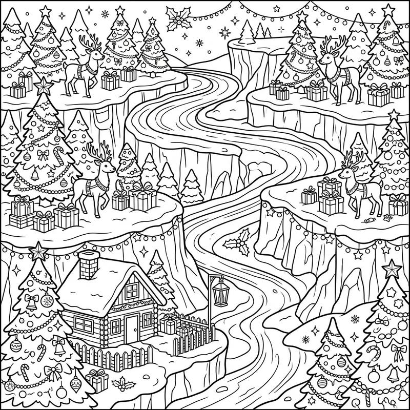 Immerse yourself in a magical Christmas landscape set within majestic plateau valleys. This intricate coloring page captures the holiday spirit with decorated trees, cheerful reindeer, and a cozy cabin awaiting your creative touch.
