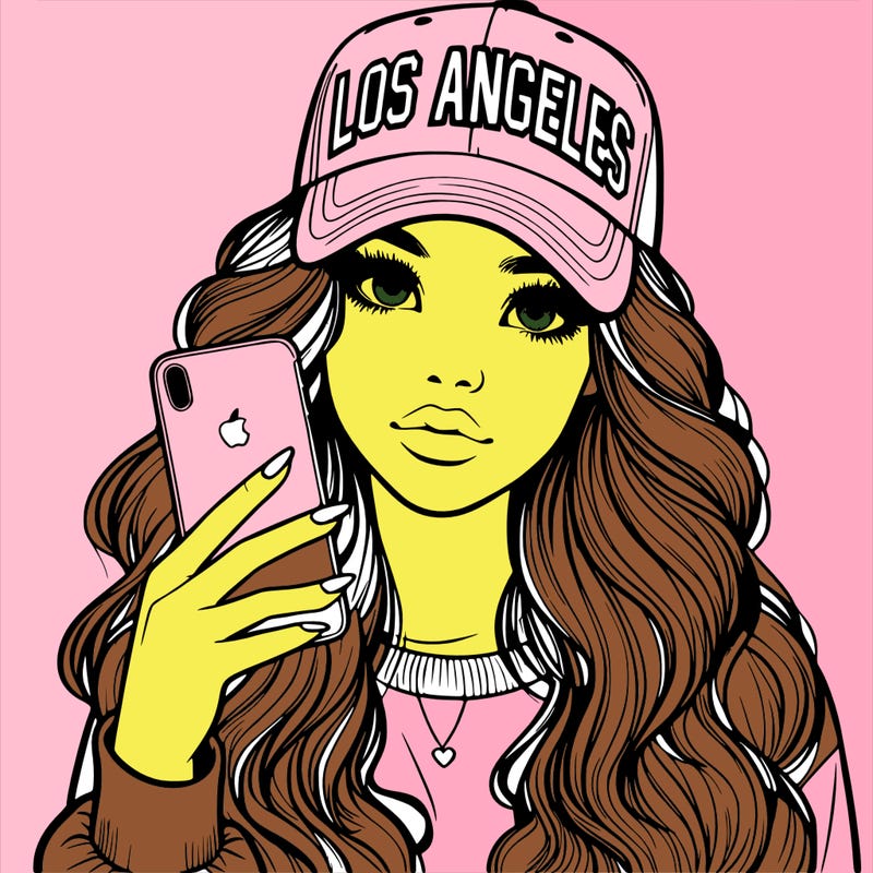 realistic beautiful girl wearing los ángeles cap holding an iphone