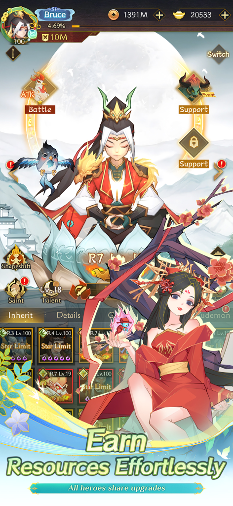 Ultimate Myth Idle RPG character interface showing hero levels and resource collection