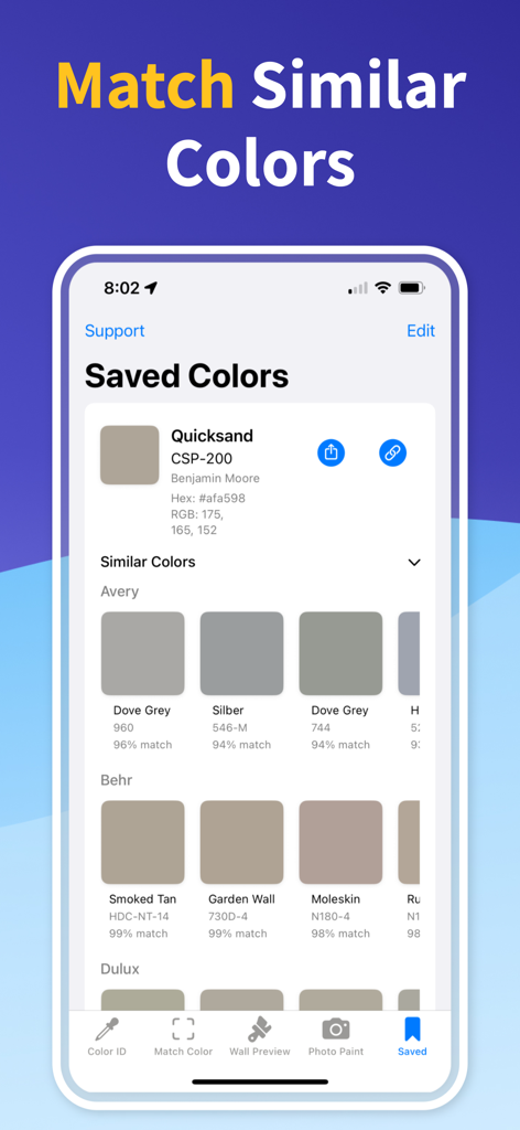 Paint Color Match - Pantalla de la aplicación Color Match de Pintura que muestra sugerencias de colores de pintura similares de marcas como Behr y Dulux para un tono de Benjamin Moore.