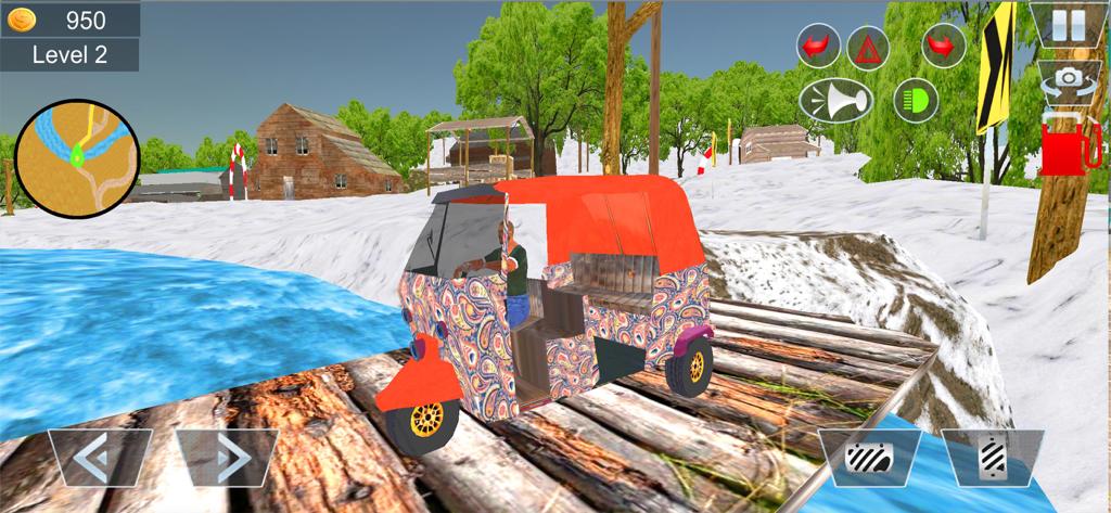 Offroad Tuk Tuk Auto Rickshaw - A patterned auto rickshaw driving on a wooden bridge in a snowy mountain environment