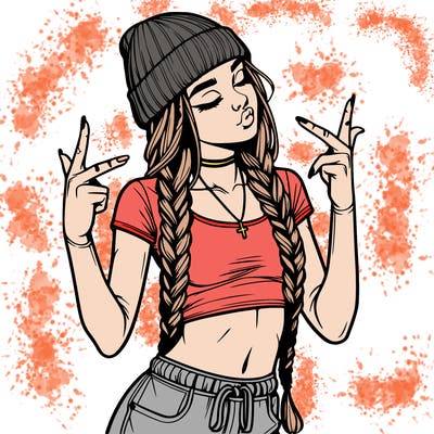 realistic teenage girl with braids and a beanie and crop top doing 🫶🏼