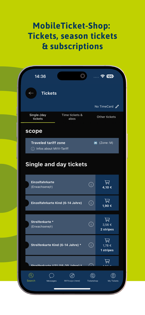 MVV-App - MVV-App Mobile Ticket Shop-Bildschirm mit verschiedenen Einzelfahrkarten- und Tageskartenoptionen für den Münchner Nahverkehr.