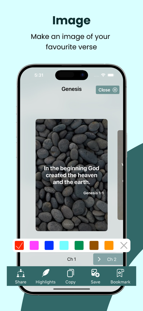 KJV Bible Audio - Holy Version - Una pantalla móvil mostrando la función de la aplicación Audio Biblia KJV para crear una imagen personalizada a partir de un versículo de las escrituras para compartir en redes sociales